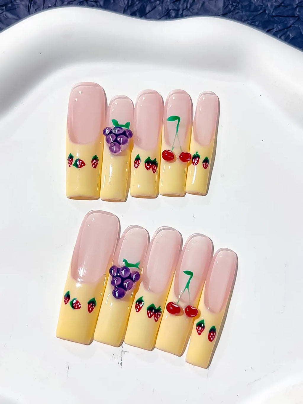 Nude Yellow Red Purple Green Floral Grape Cherry Strawberry 3D press on nails close up