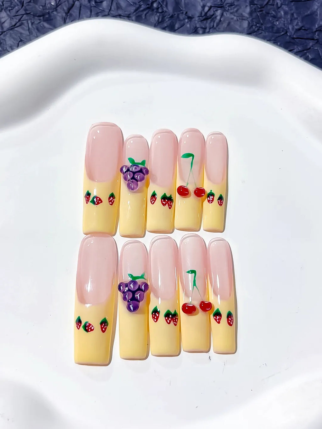 Nude Yellow Red Purple Green Floral Grape Cherry Strawberry 3D press on nails detail view