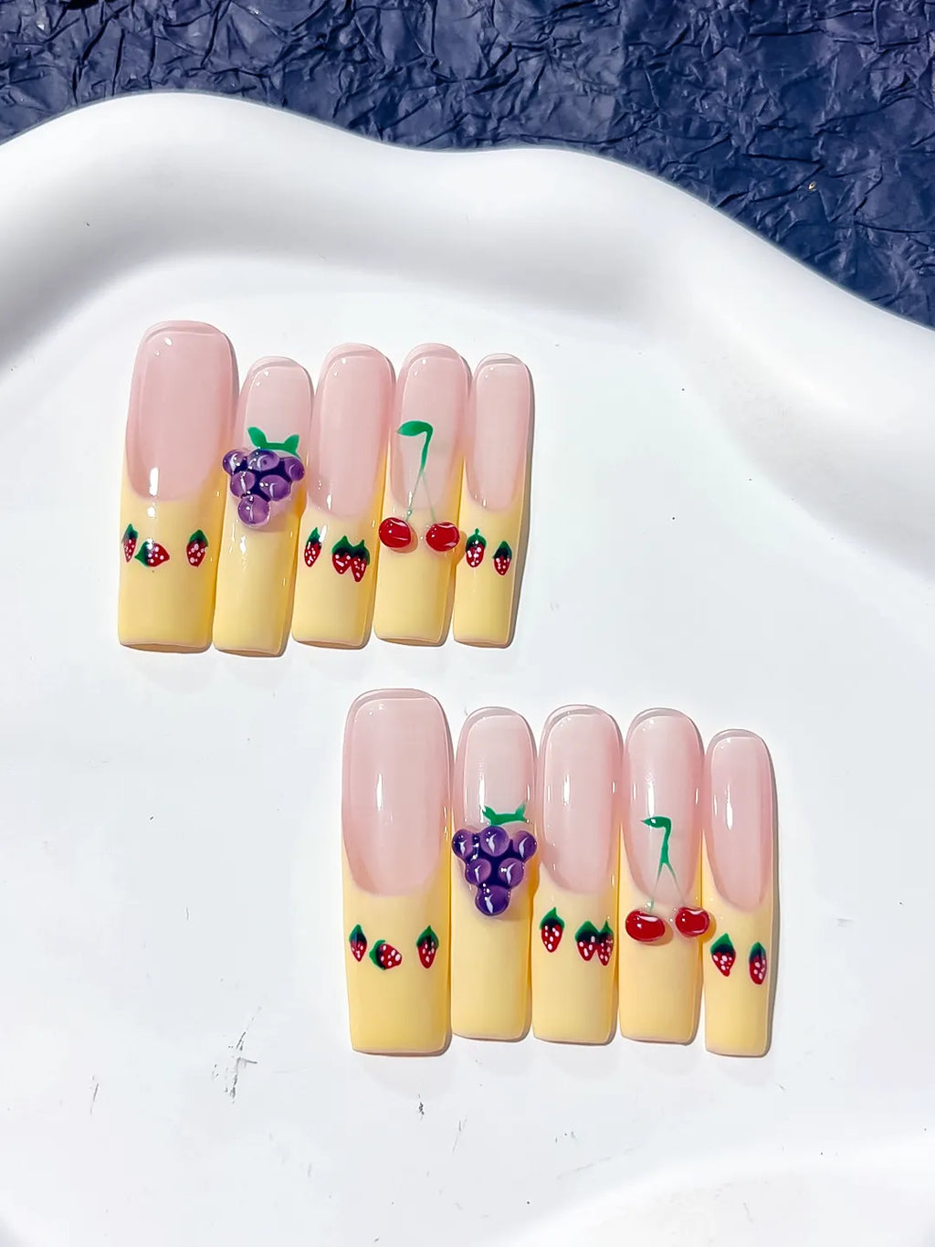 Nude Yellow Red Purple Green Floral Grape Cherry Strawberry 3D press on nails detail view