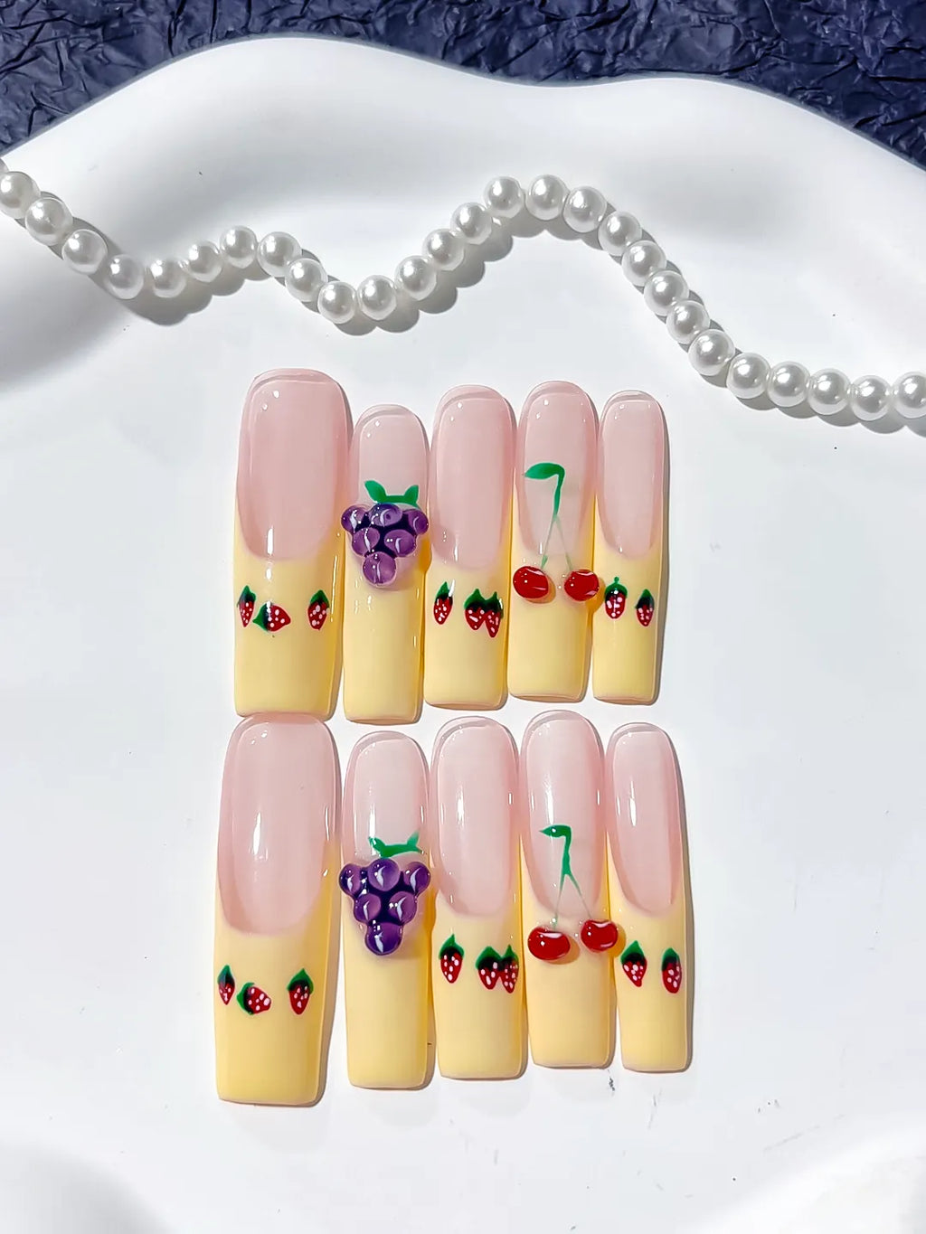 Nude Yellow Red Purple Green Floral Grape Cherry Strawberry 3D press on nails detail view