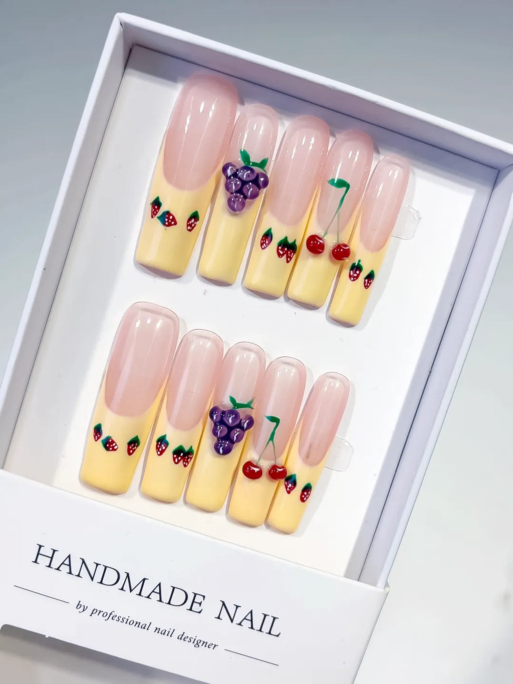 Nude Yellow Red Purple Green Floral Grape Cherry Strawberry 3D press on nails