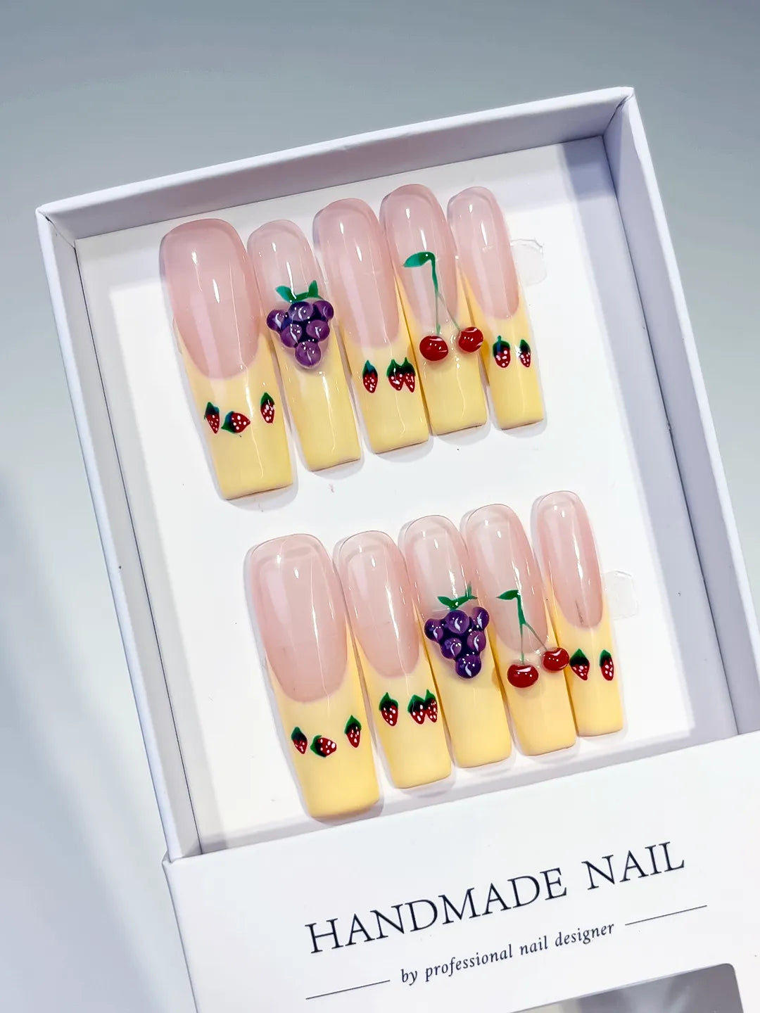 Nude Yellow Red Purple Green Floral Grape Cherry Strawberry 3D press on nails angled view