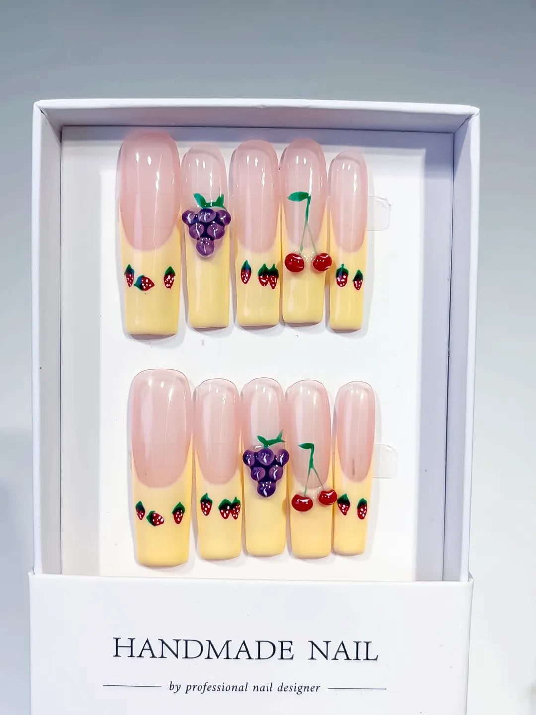 Nude Yellow Red Purple Green Floral Grape Cherry Strawberry 3D press on nails full set view