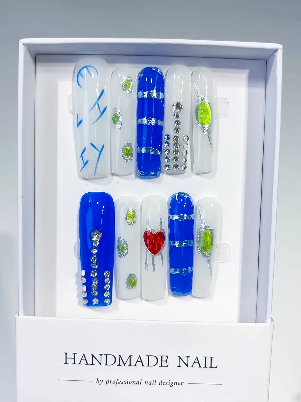 Blue White Green Red Silver Abstract Rhinestone Heart 3D press on nails full set view