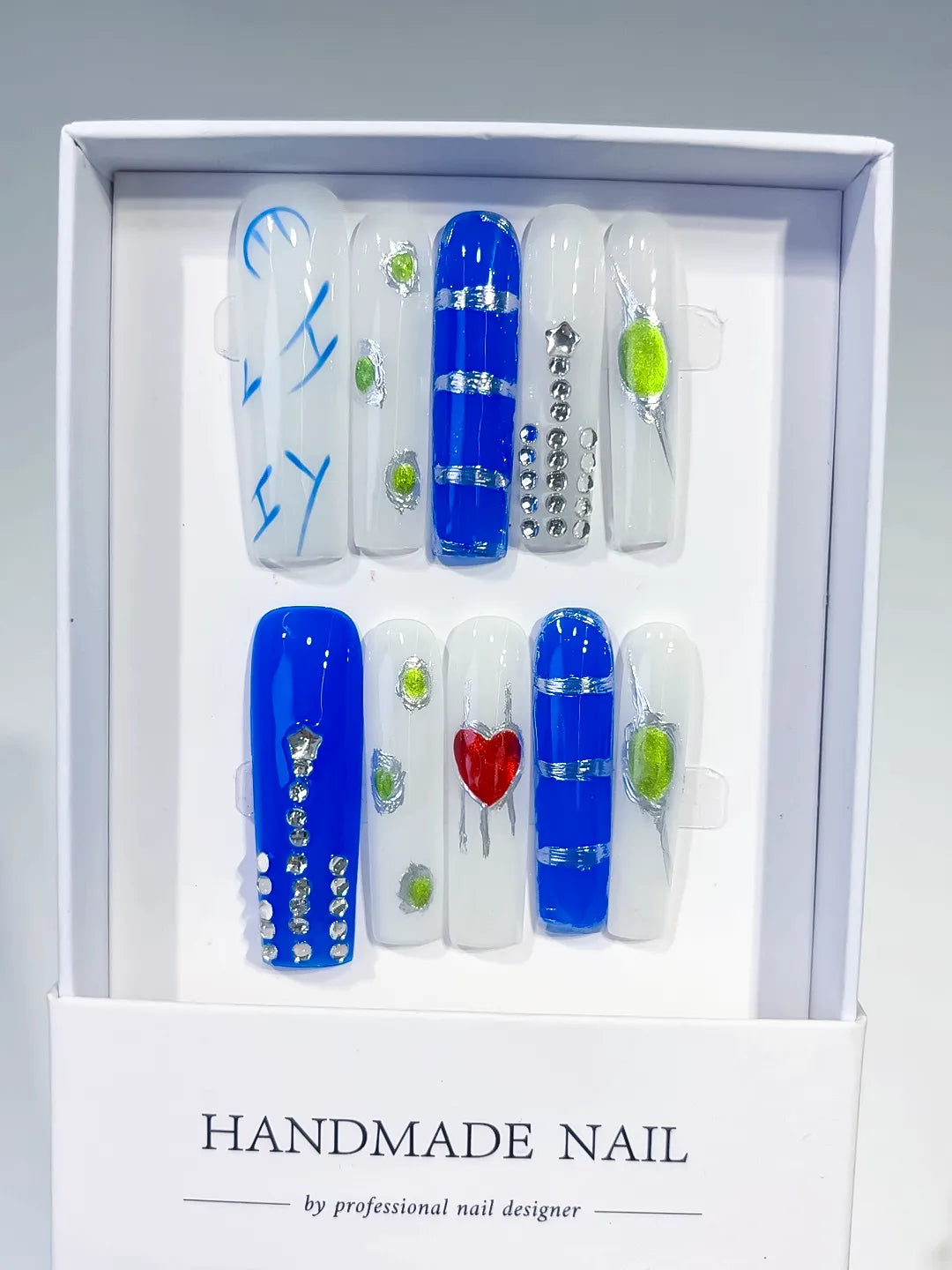 Blue White Green Red Silver Abstract Rhinestone Heart 3D press on nails full set view
