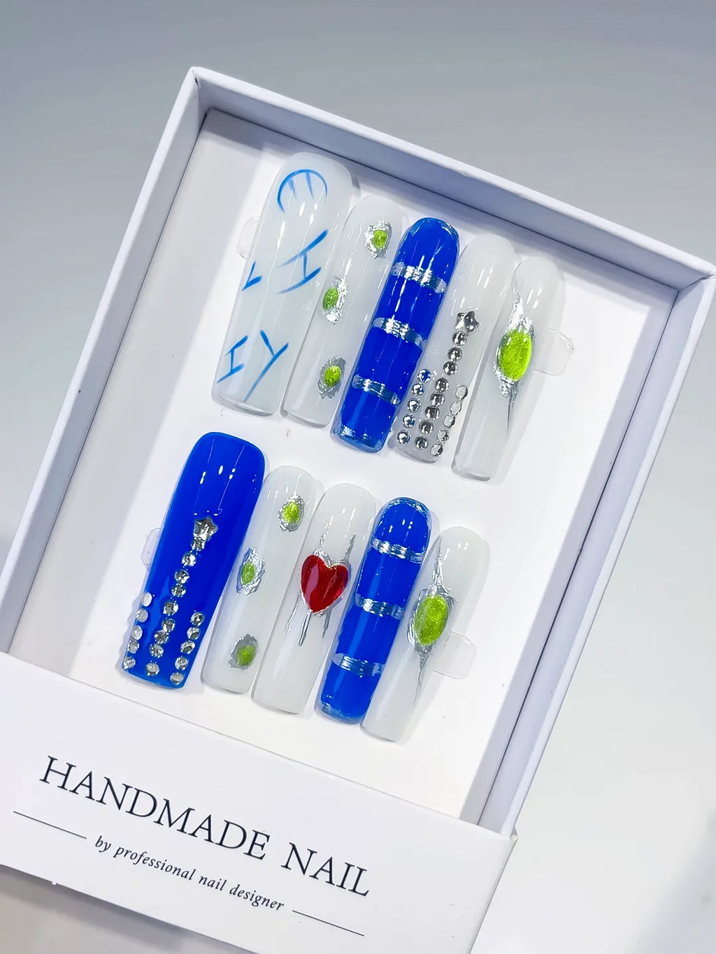 Blue White Green Red Silver Abstract Rhinestone Heart 3D press on nails