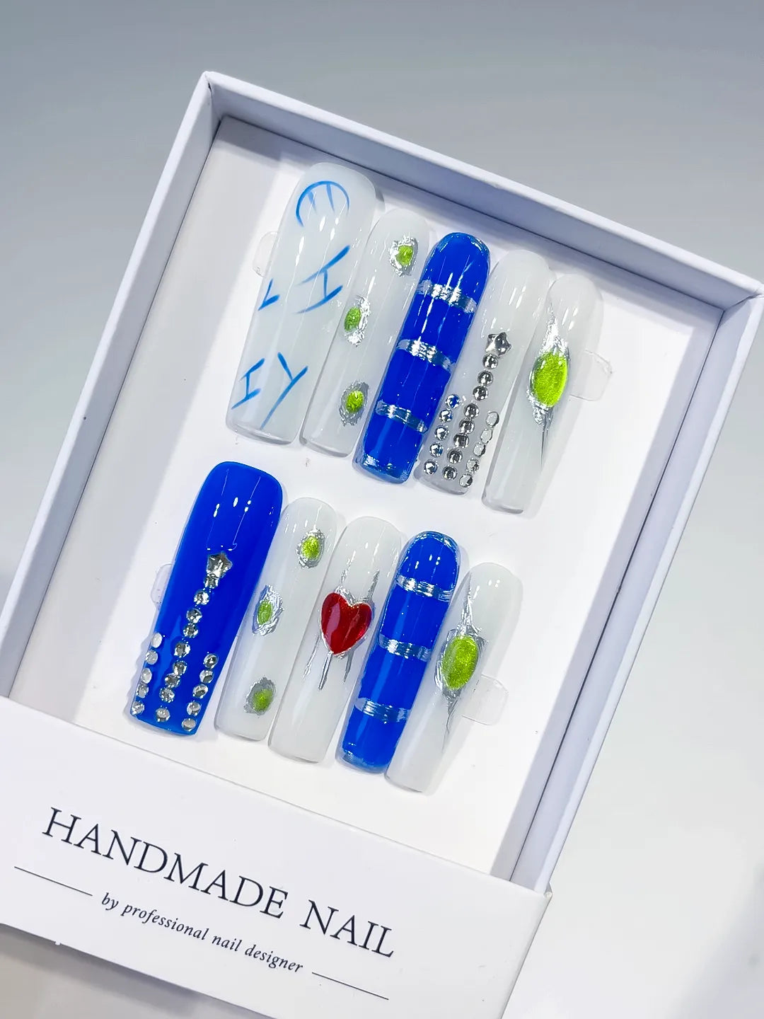 Blue White Green Red Silver Abstract Rhinestone Heart 3D press on nails