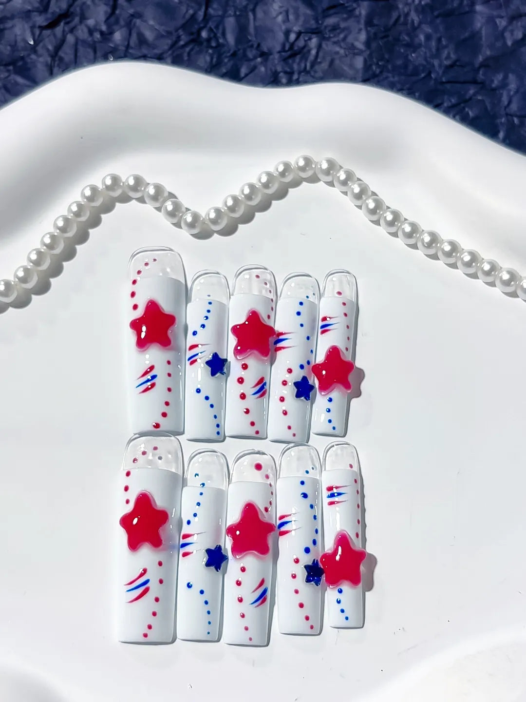 White Red Blue Abstract Star 3D press on nails close up