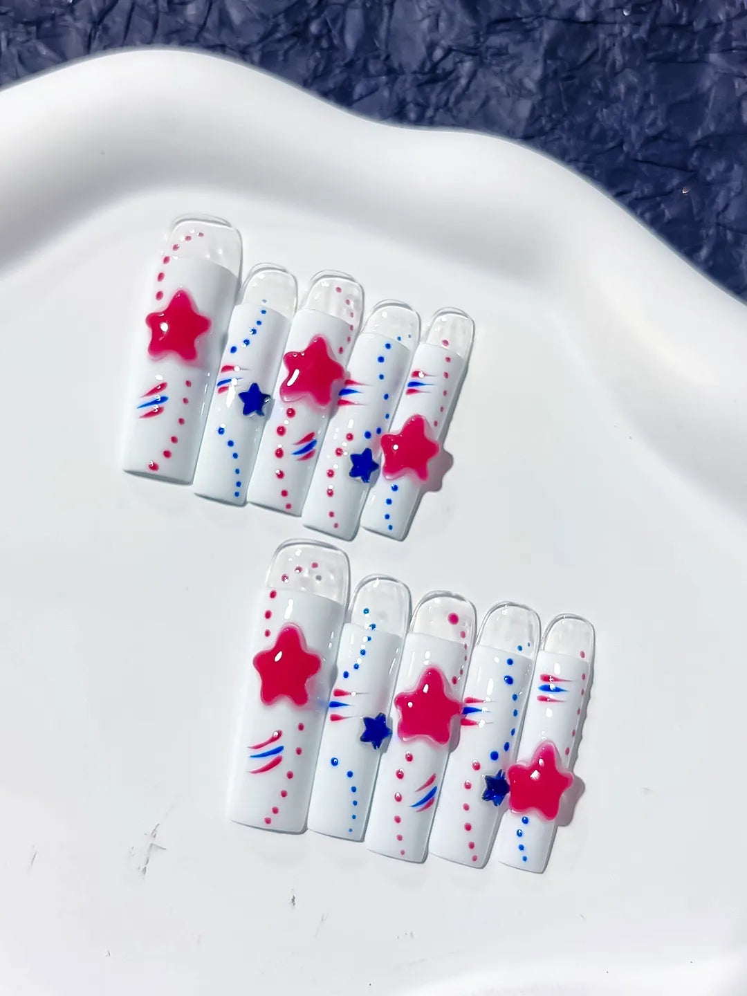 White Red Blue Abstract Star 3D press on nails detail view
