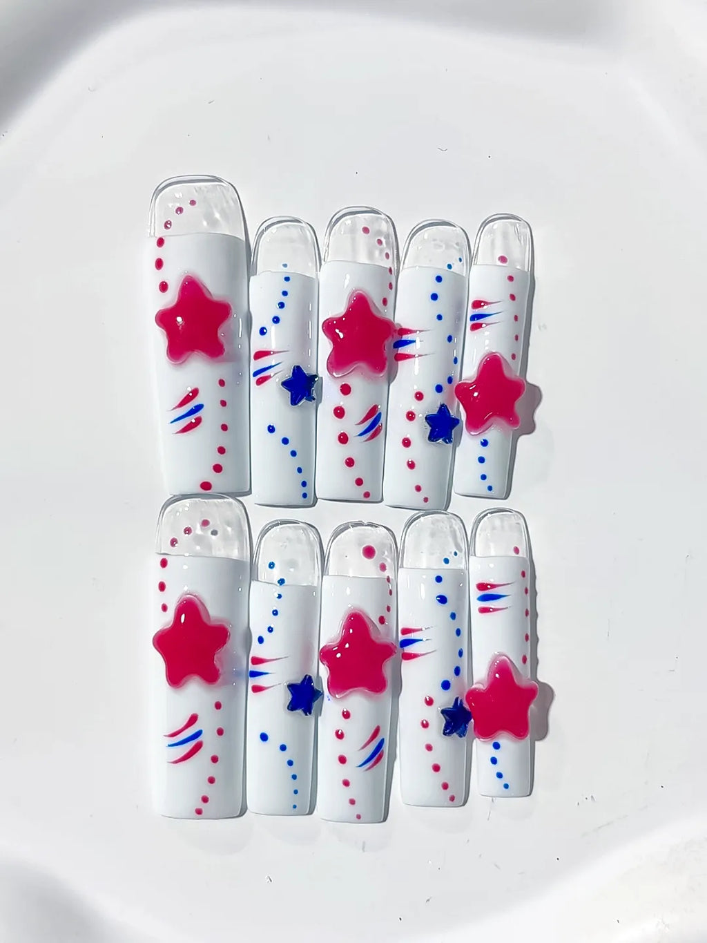White Red Blue Abstract Star 3D press on nails detail view