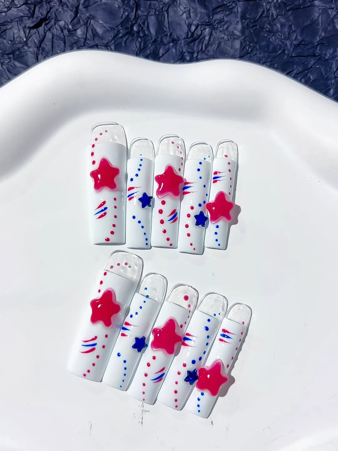 White Red Blue Abstract Star 3D press on nails detail view