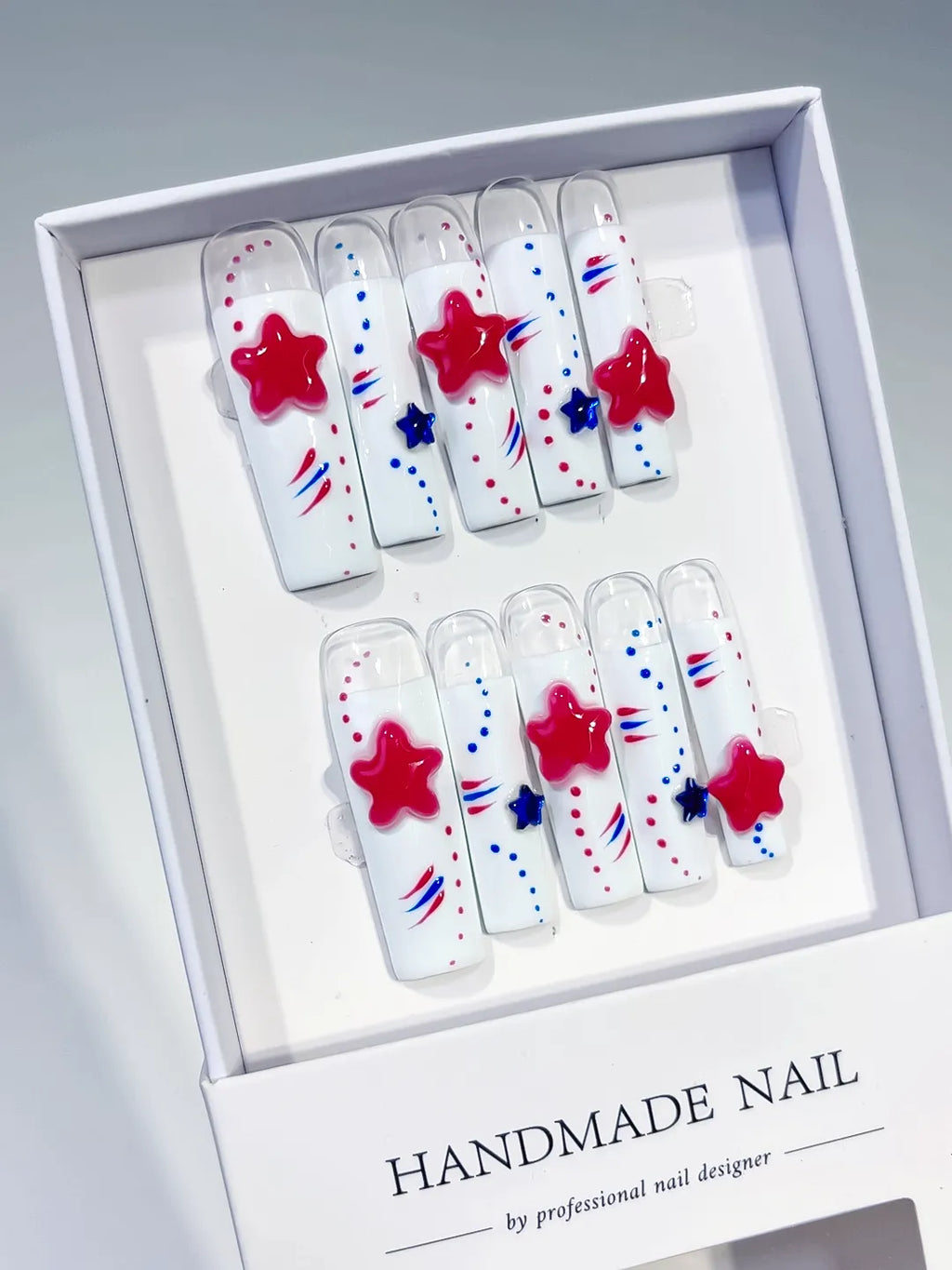 White Red Blue Abstract Star 3D press on nails angled view