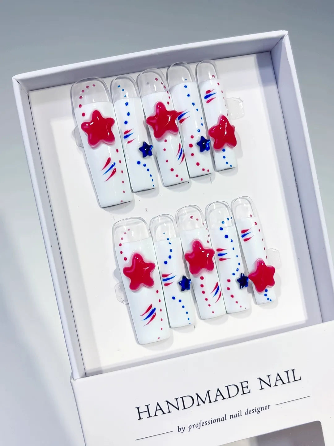 White Red Blue Abstract Star 3D press on nails angled view