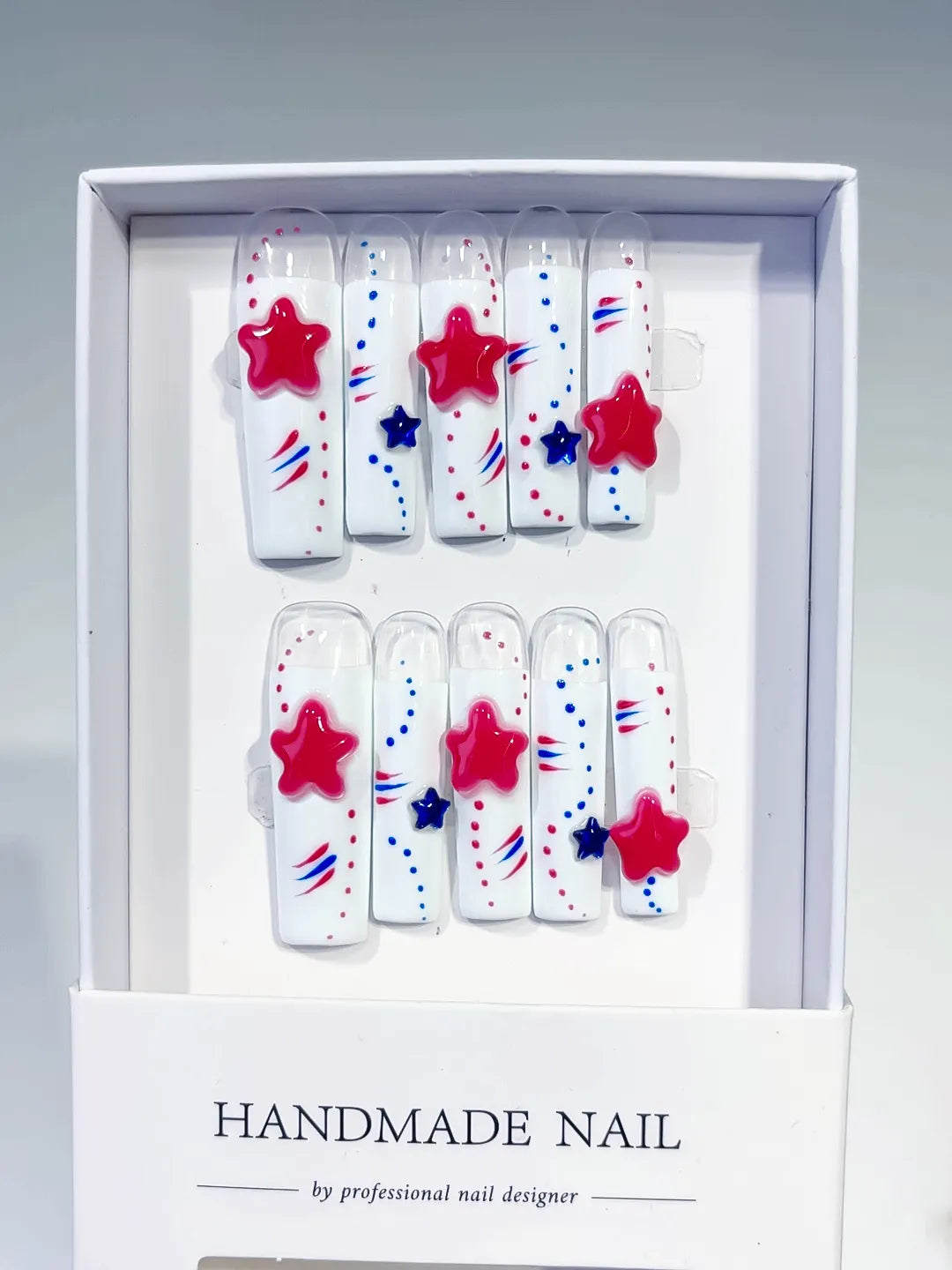 White Red Blue Abstract Star 3D press on nails full set view