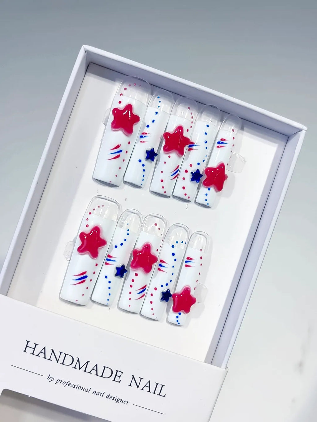 White Red Blue Abstract Star 3D press on nails