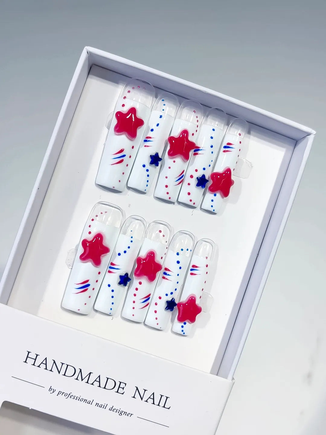 White Red Blue Abstract Star 3D press on nails