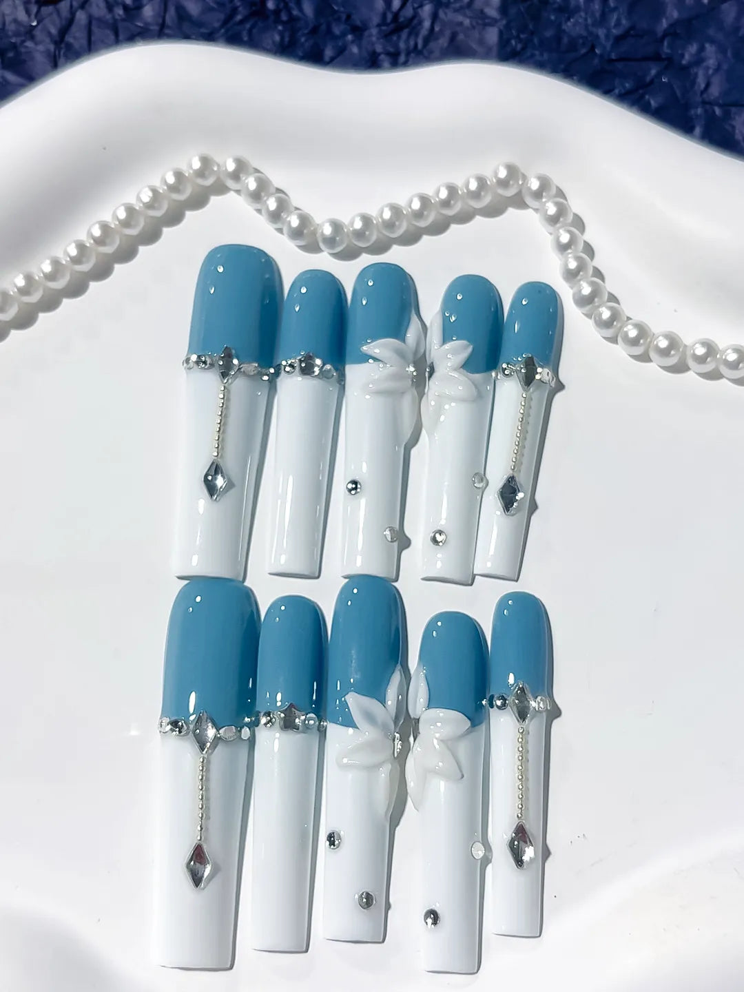 Blue White Silver French tip Flower Chain Rhinestone press on nails close up