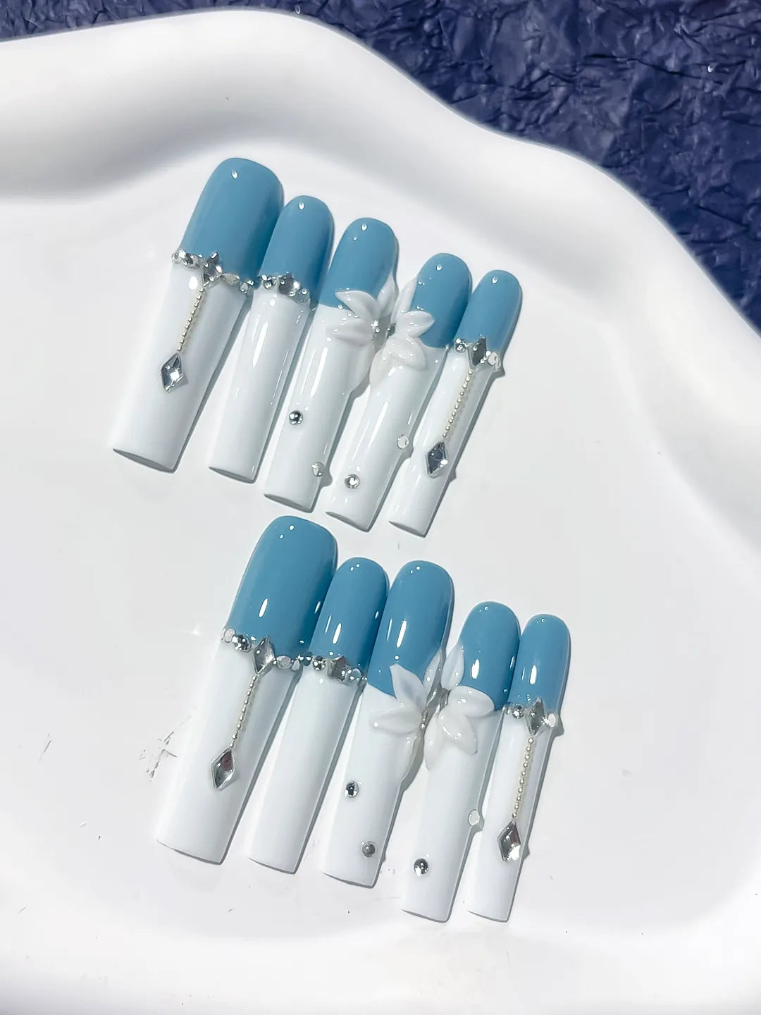 Blue White Silver French tip Flower Chain Rhinestone press on nails detail view