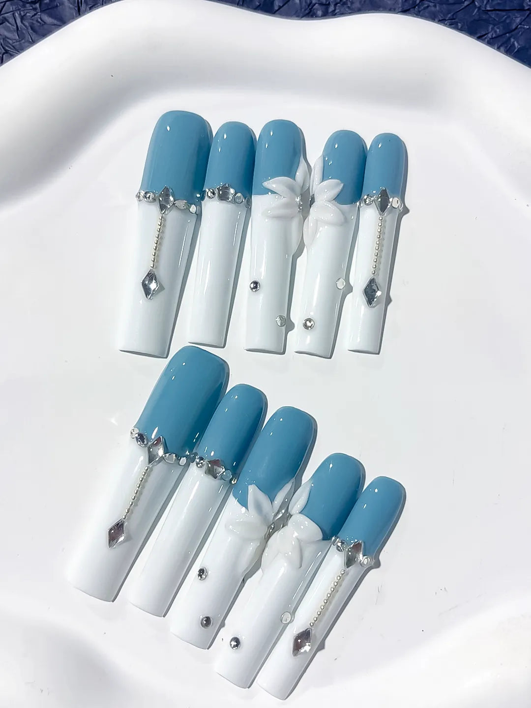 Blue White Silver French tip Flower Chain Rhinestone press on nails detail view