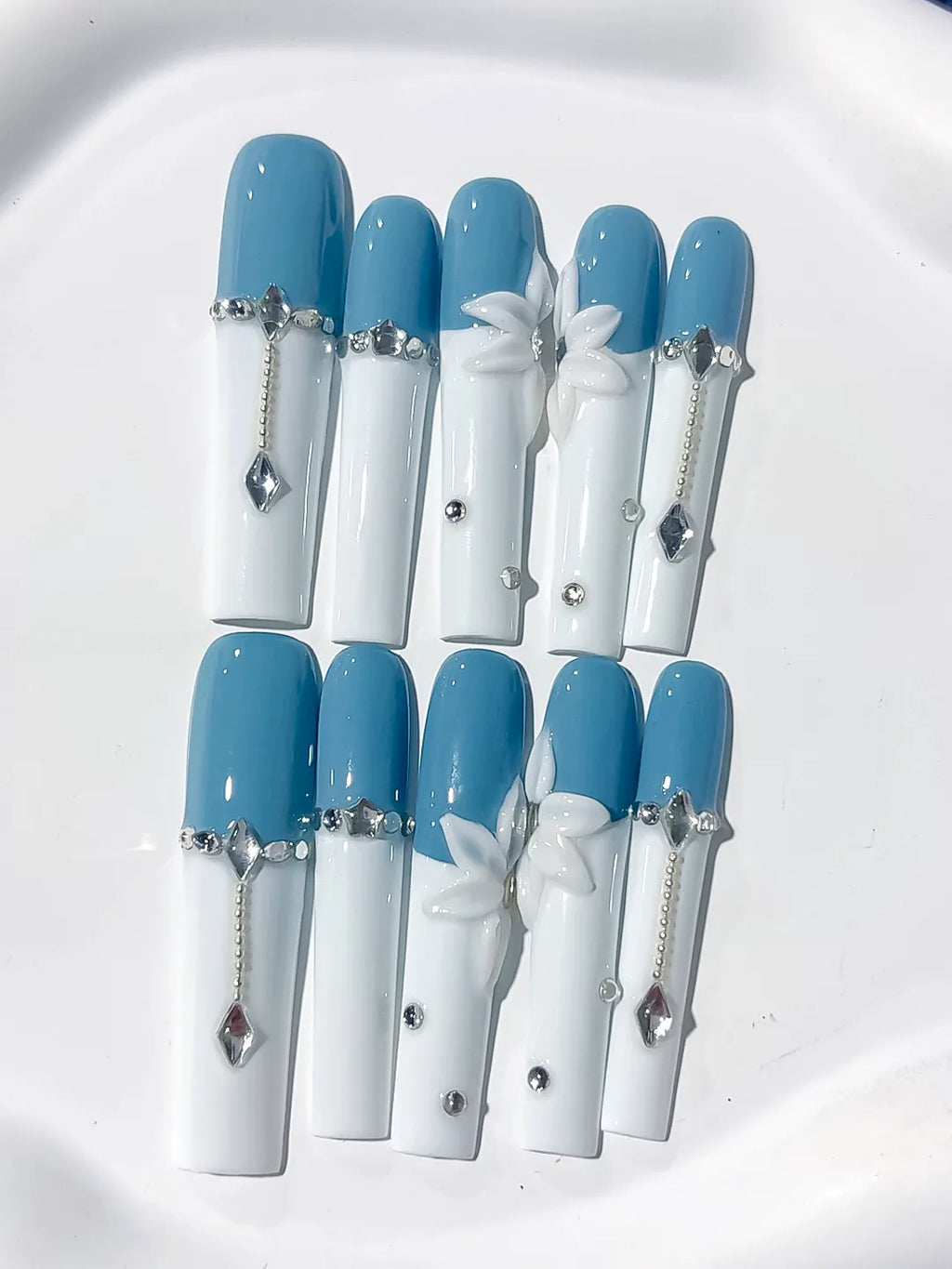 Blue White Silver French tip Flower Chain Rhinestone press on nails detail view
