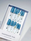 Blue White Silver French tip Flower Chain Rhinestone press on nails
