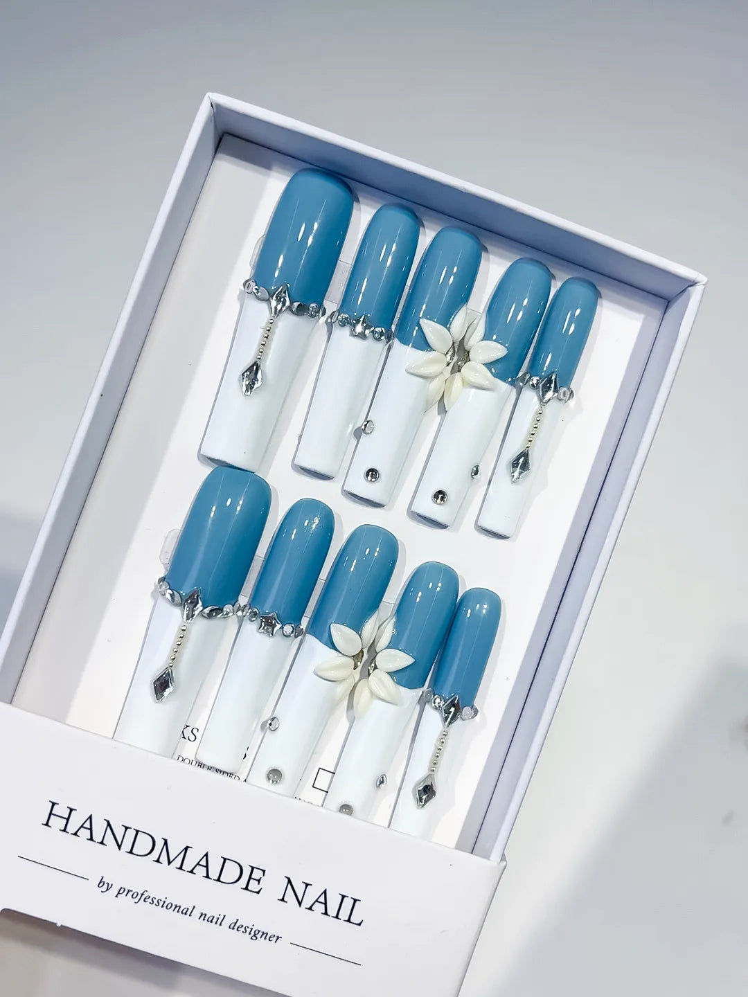 Blue White Silver French tip Flower Chain Rhinestone press on nails