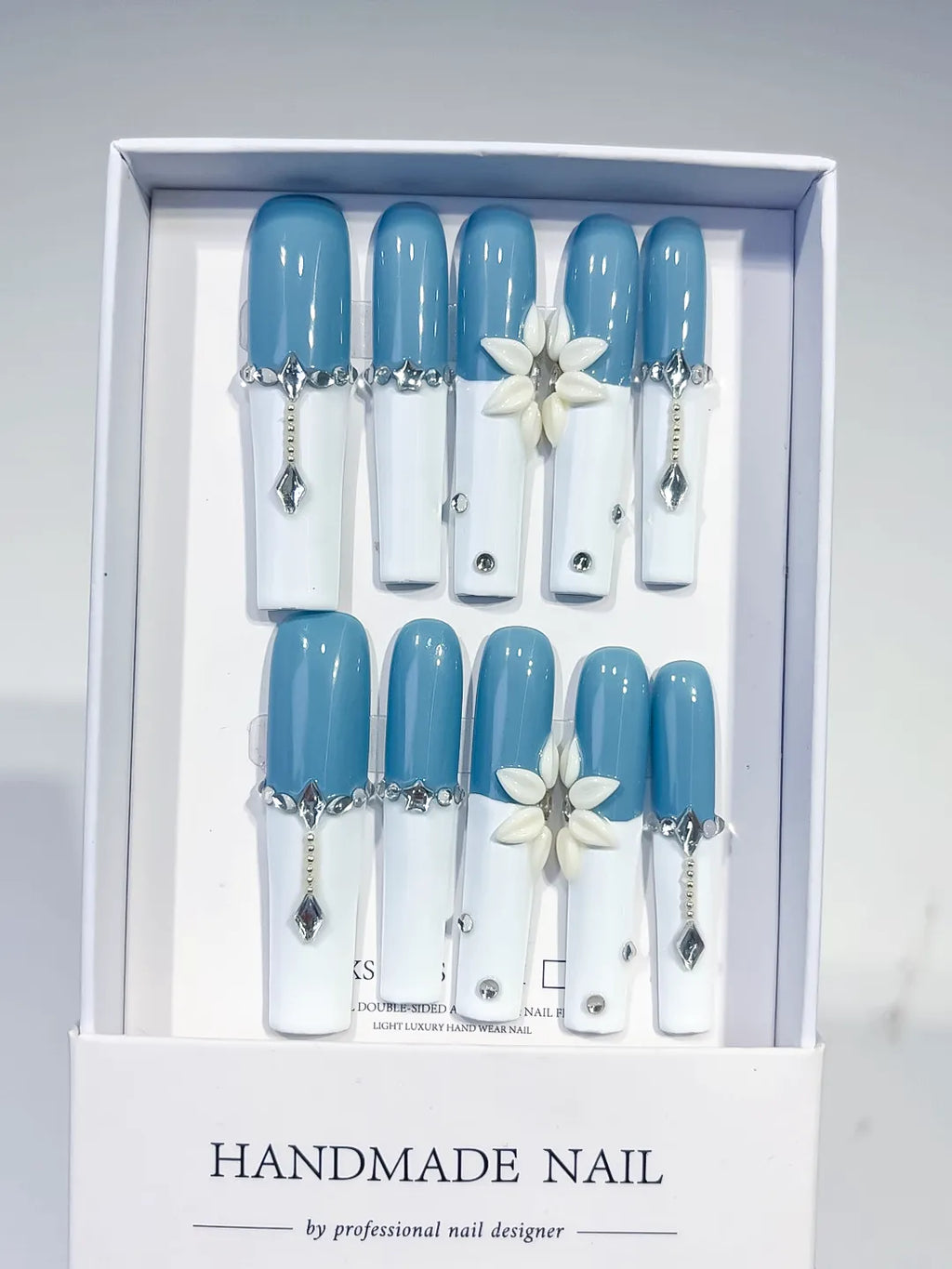 Blue White Silver French tip Flower Chain Rhinestone press on nails full set view