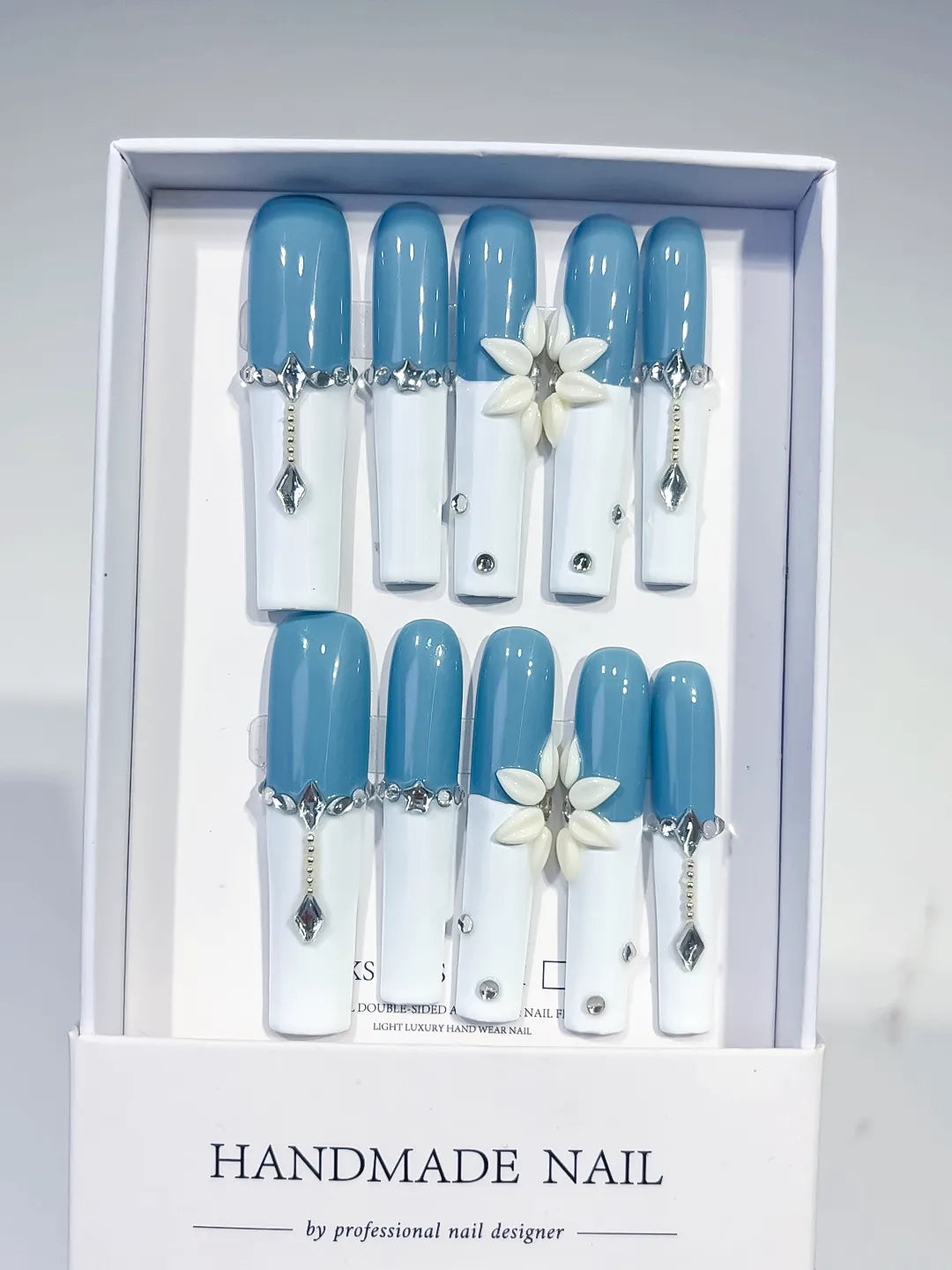 Blue White Silver French tip Flower Chain Rhinestone press on nails full set view