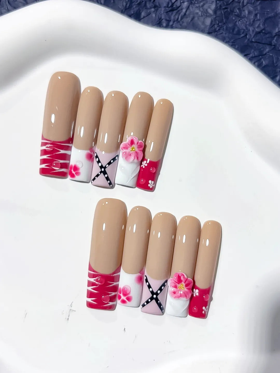 Nude Red White Pink Black Abstract Flower Ribbon 3D press on nails close up