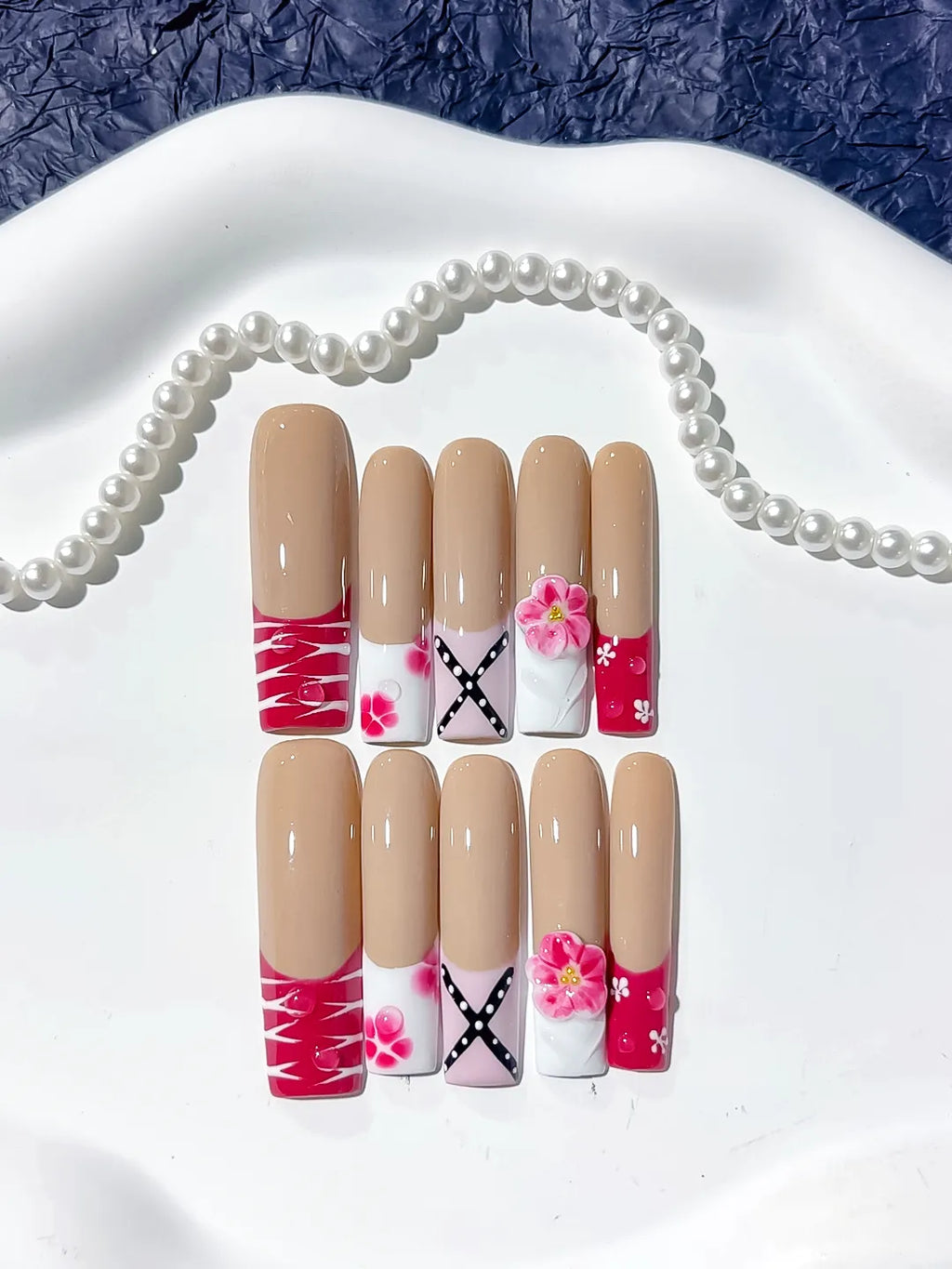 Nude Red White Pink Black Abstract Flower Ribbon 3D press on nails detail view