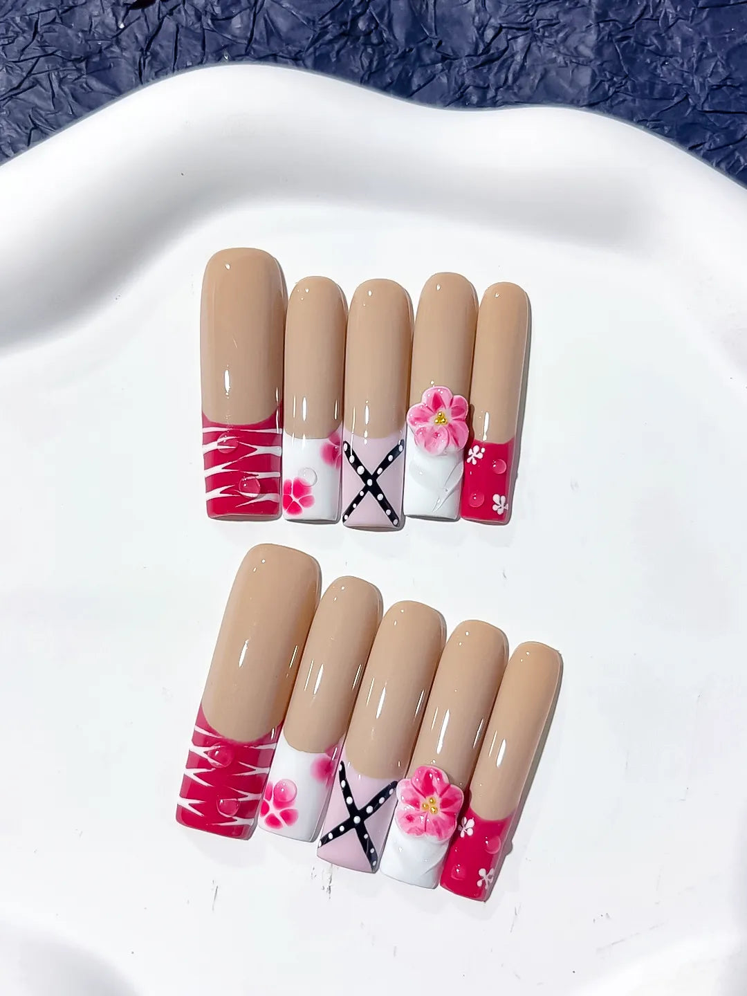 Nude Red White Pink Black Abstract Flower Ribbon 3D press on nails detail view