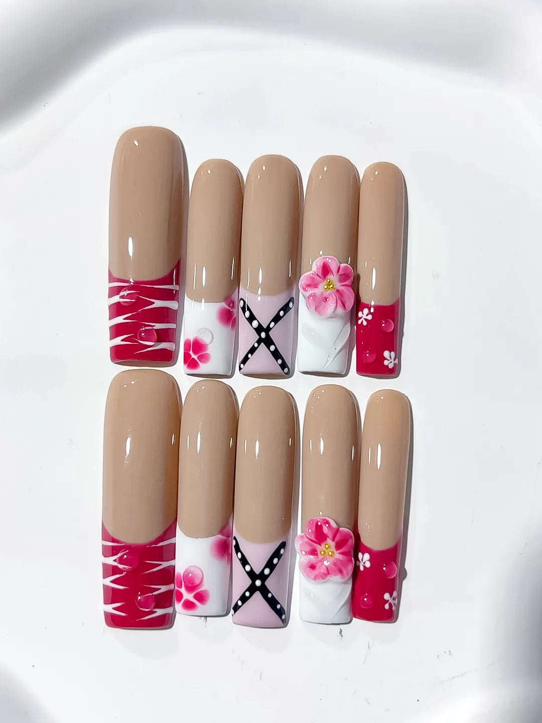 Nude Red White Pink Black Abstract Flower Ribbon 3D press on nails detail view