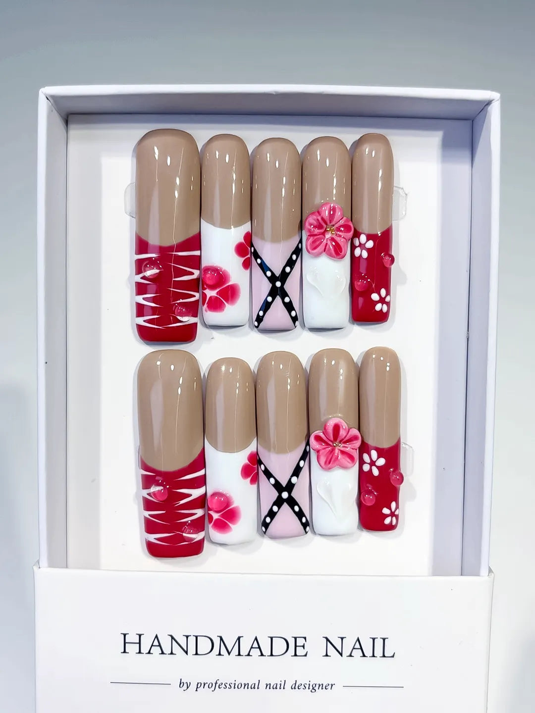 Nude Red White Pink Black Abstract Flower Ribbon 3D press on nails full set view