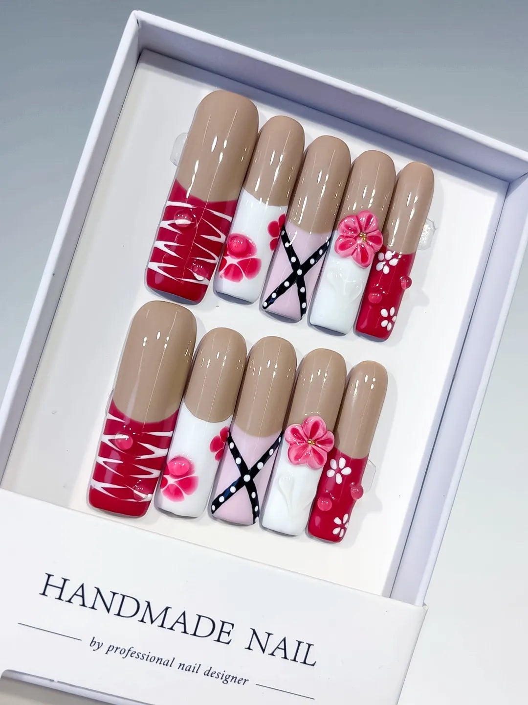 Nude Red White Pink Black Abstract Flower Ribbon 3D press on nails
