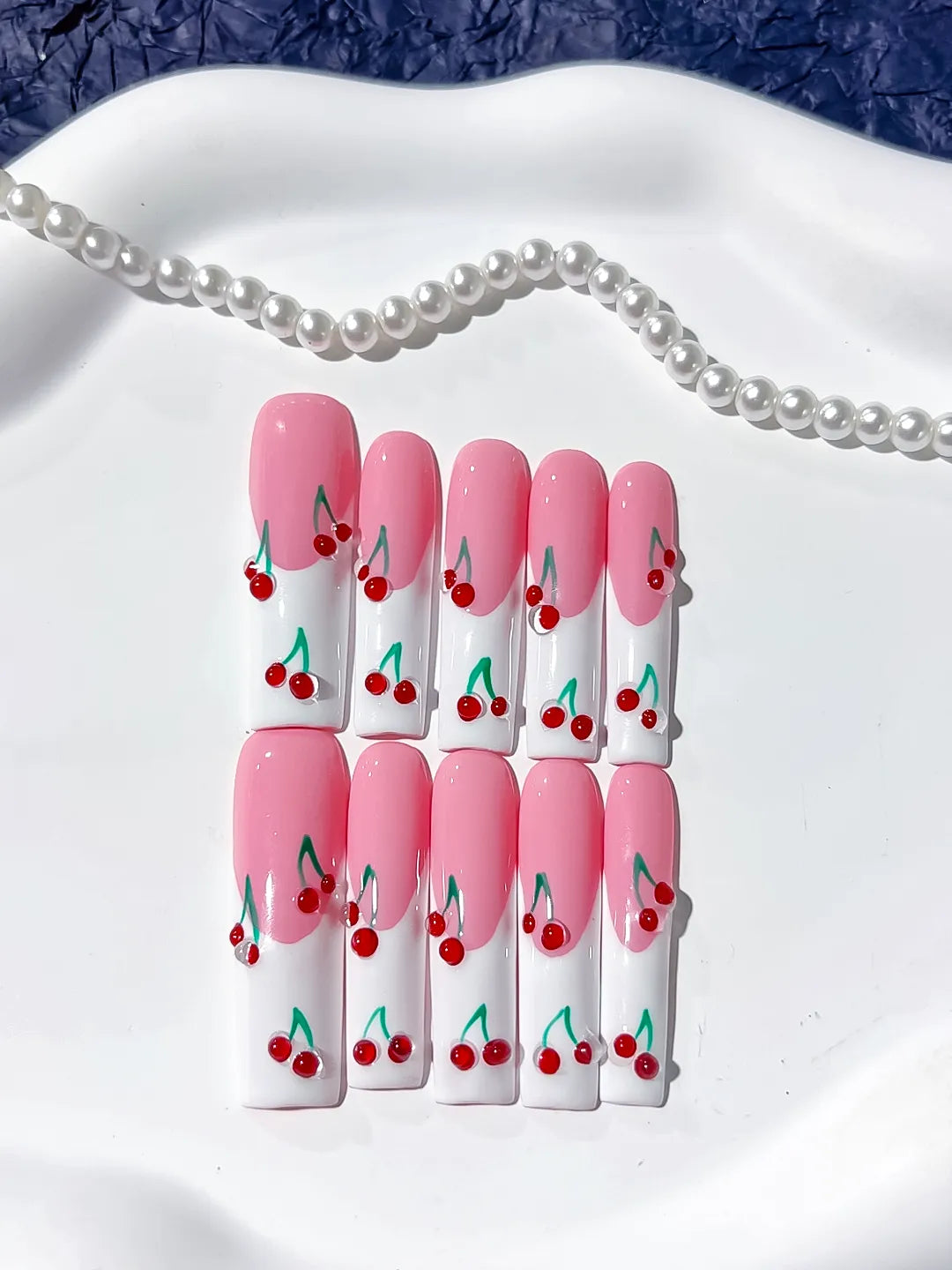 Pink White Red Green Floral Cherry press on nails close up