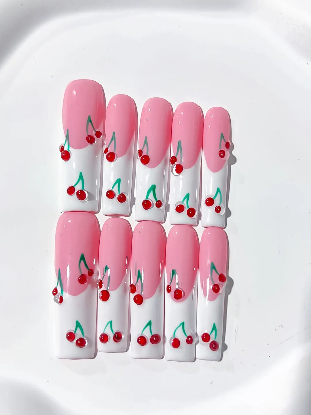 Pink White Red Green Floral Cherry press on nails detail view