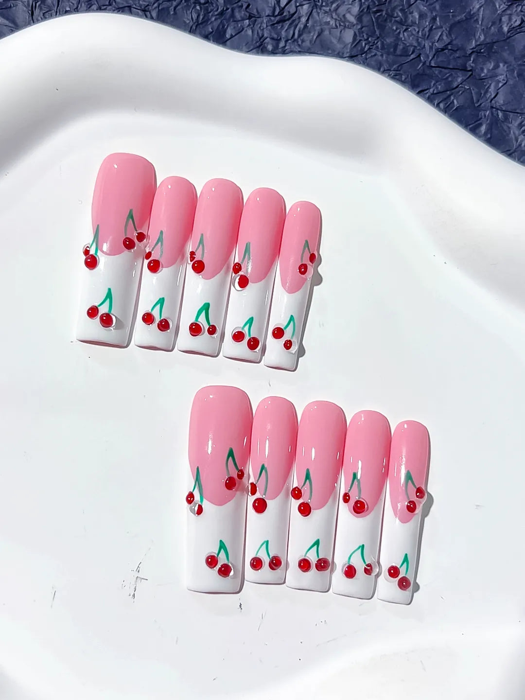 Pink White Red Green Floral Cherry press on nails detail view