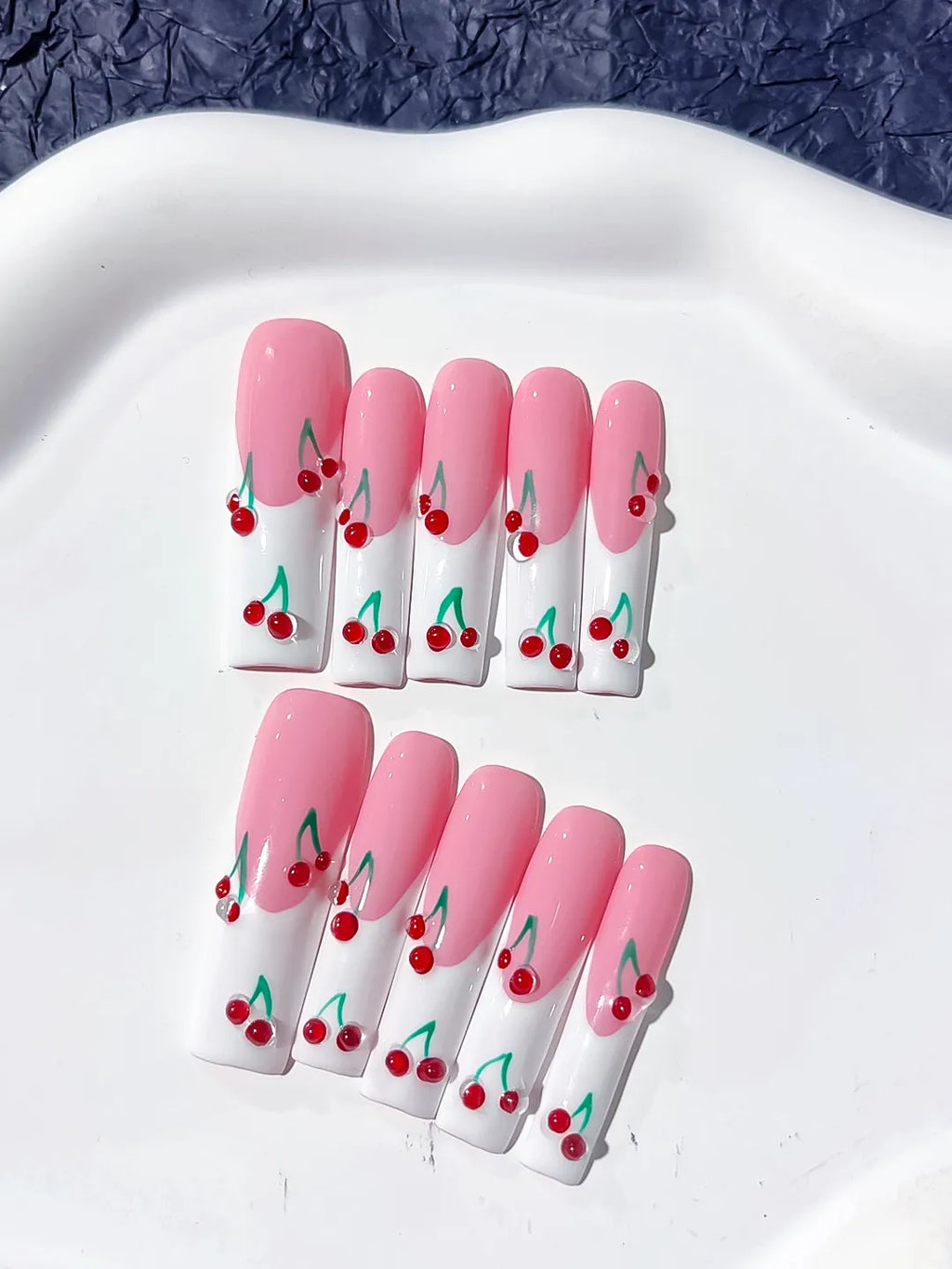 Pink White Red Green Floral Cherry press on nails detail view