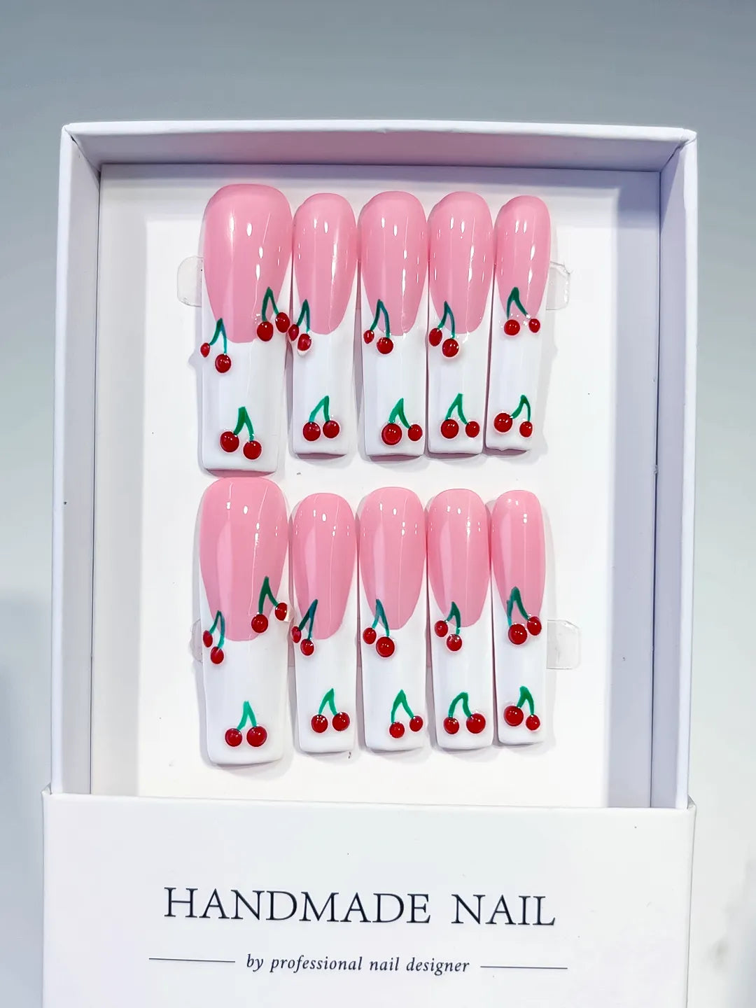 Pink White Red Green Floral Cherry press on nails full set view