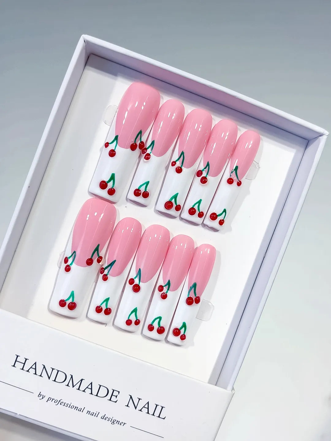 Pink White Red Green Floral Cherry press on nails