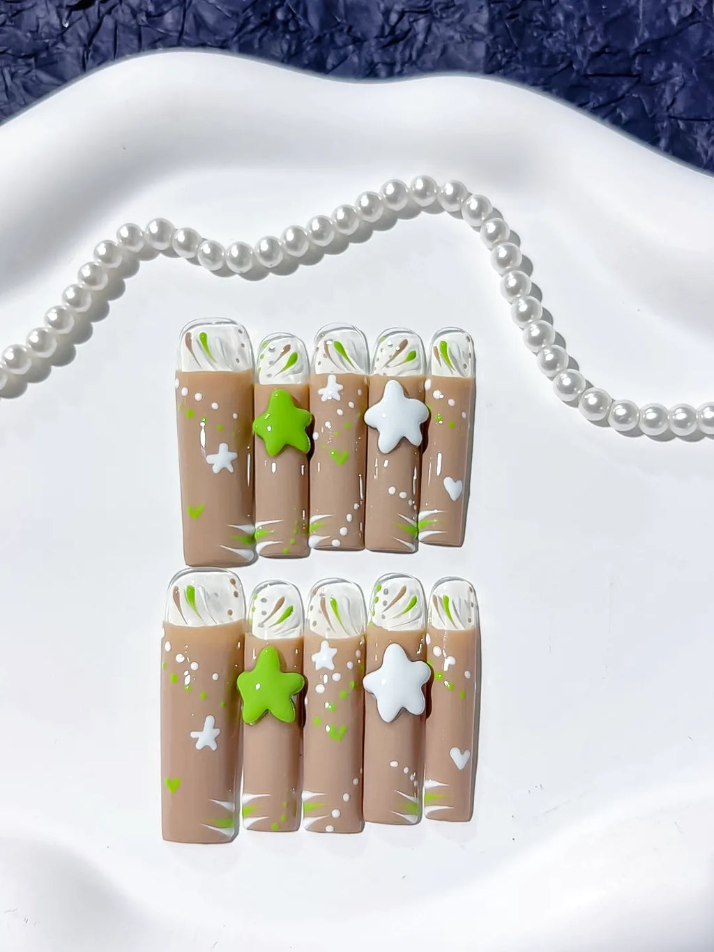 Nude White Green Abstract Star Heart 3D press on nails close up