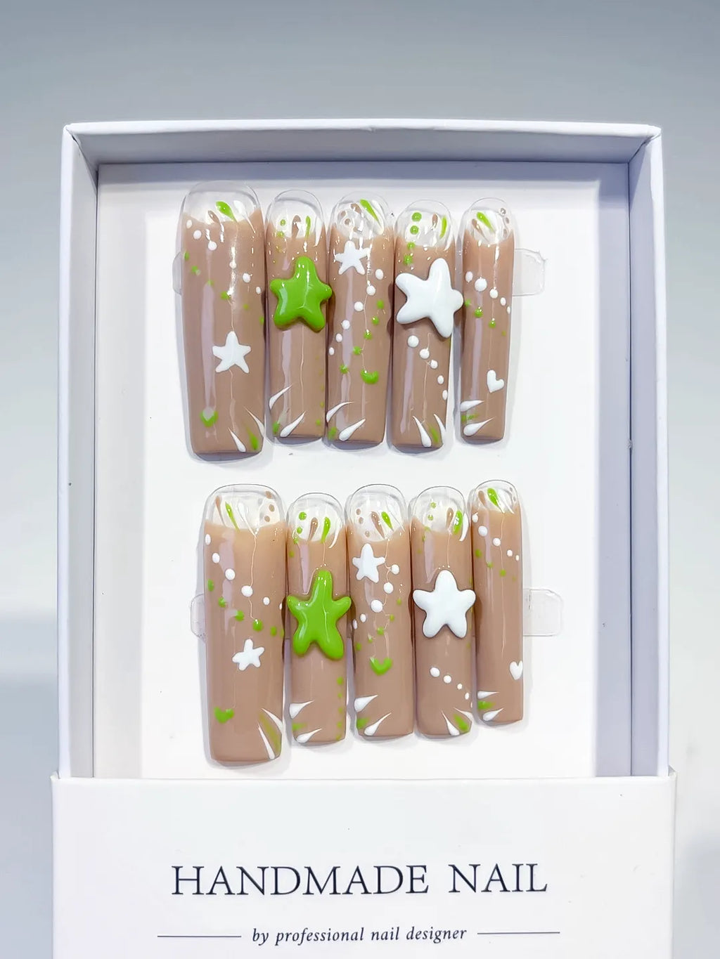 Nude White Green Abstract Star Heart 3D press on nails full set view