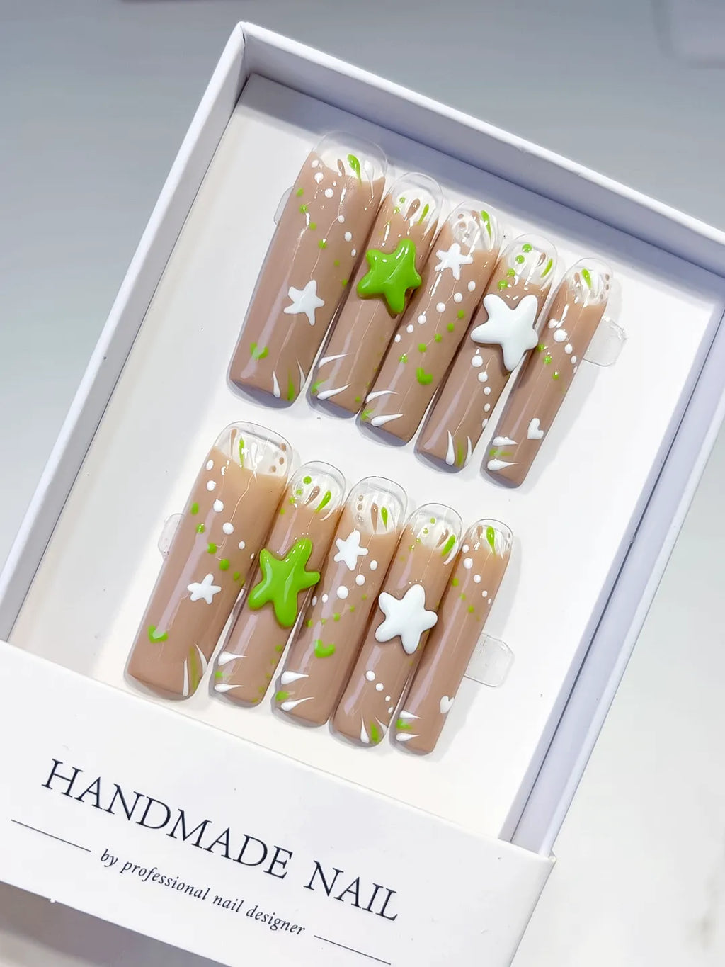 Nude White Green Abstract Star Heart 3D press on nails