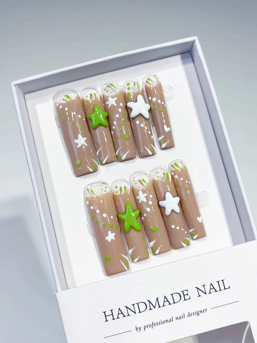 Nude White Green Abstract Star Heart 3D press on nails angled view