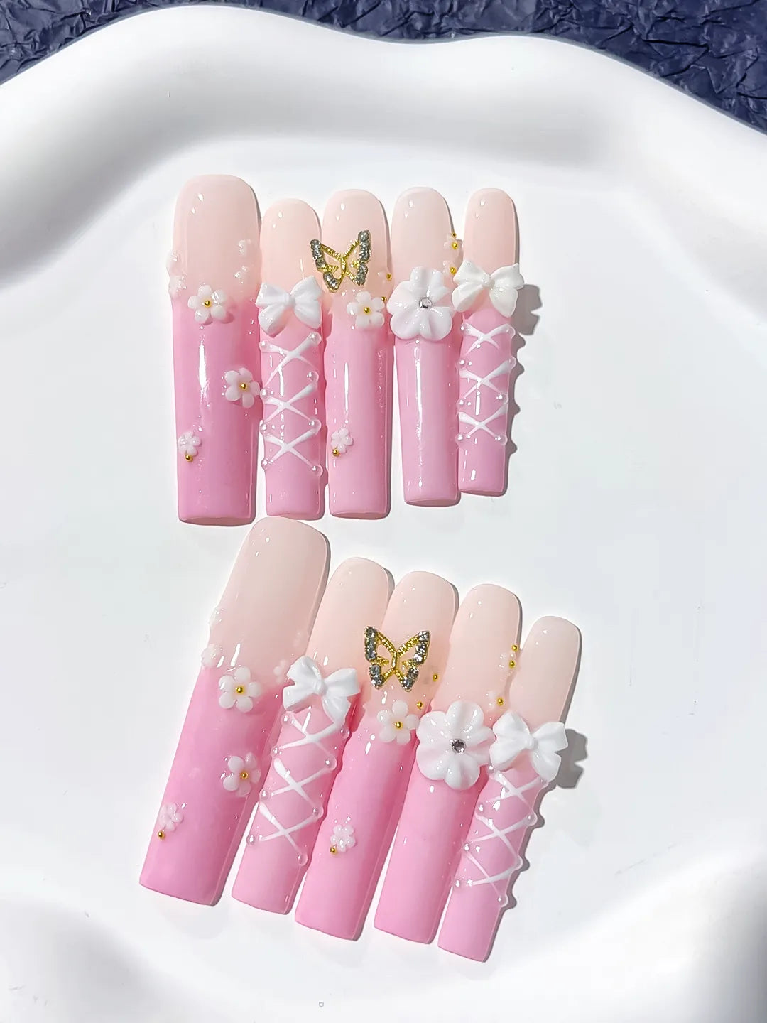 Pink White Gold Ombre Butterfly Bow Flower 3D press on nails close up