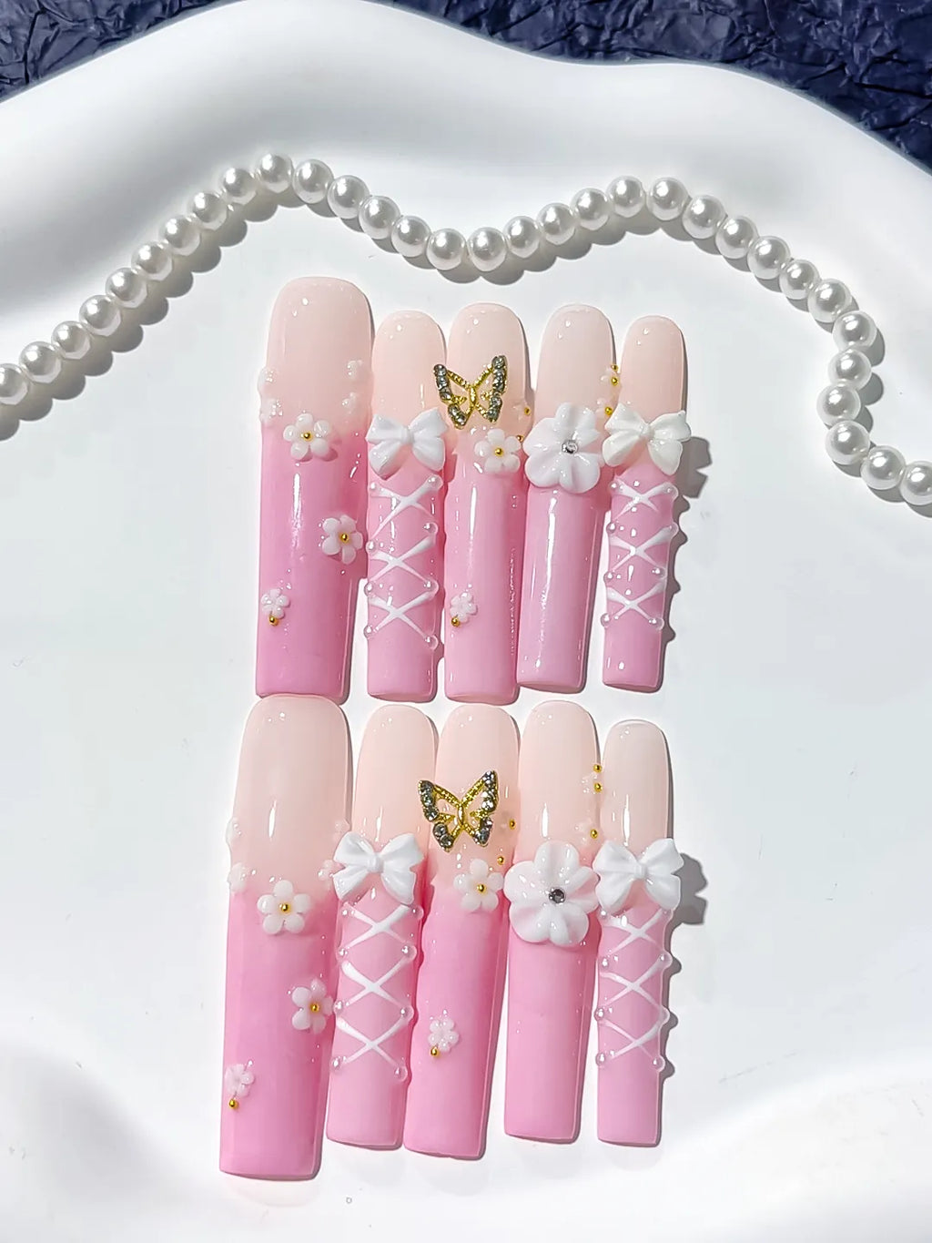 Pink White Gold Ombre Butterfly Bow Flower 3D press on nails detail view