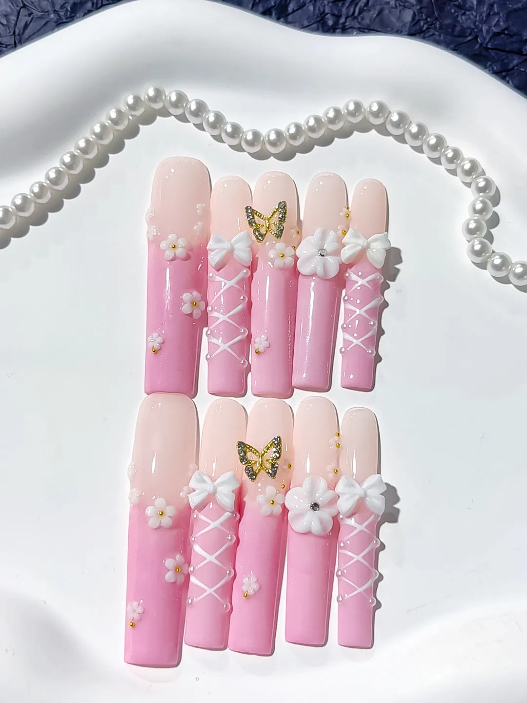 Pink White Gold Ombre Butterfly Bow Flower 3D press on nails detail view