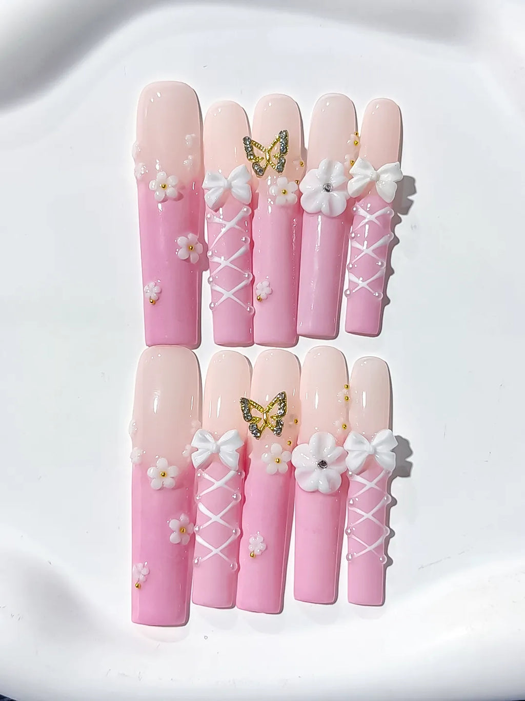 Pink White Gold Ombre Butterfly Bow Flower 3D press on nails detail view