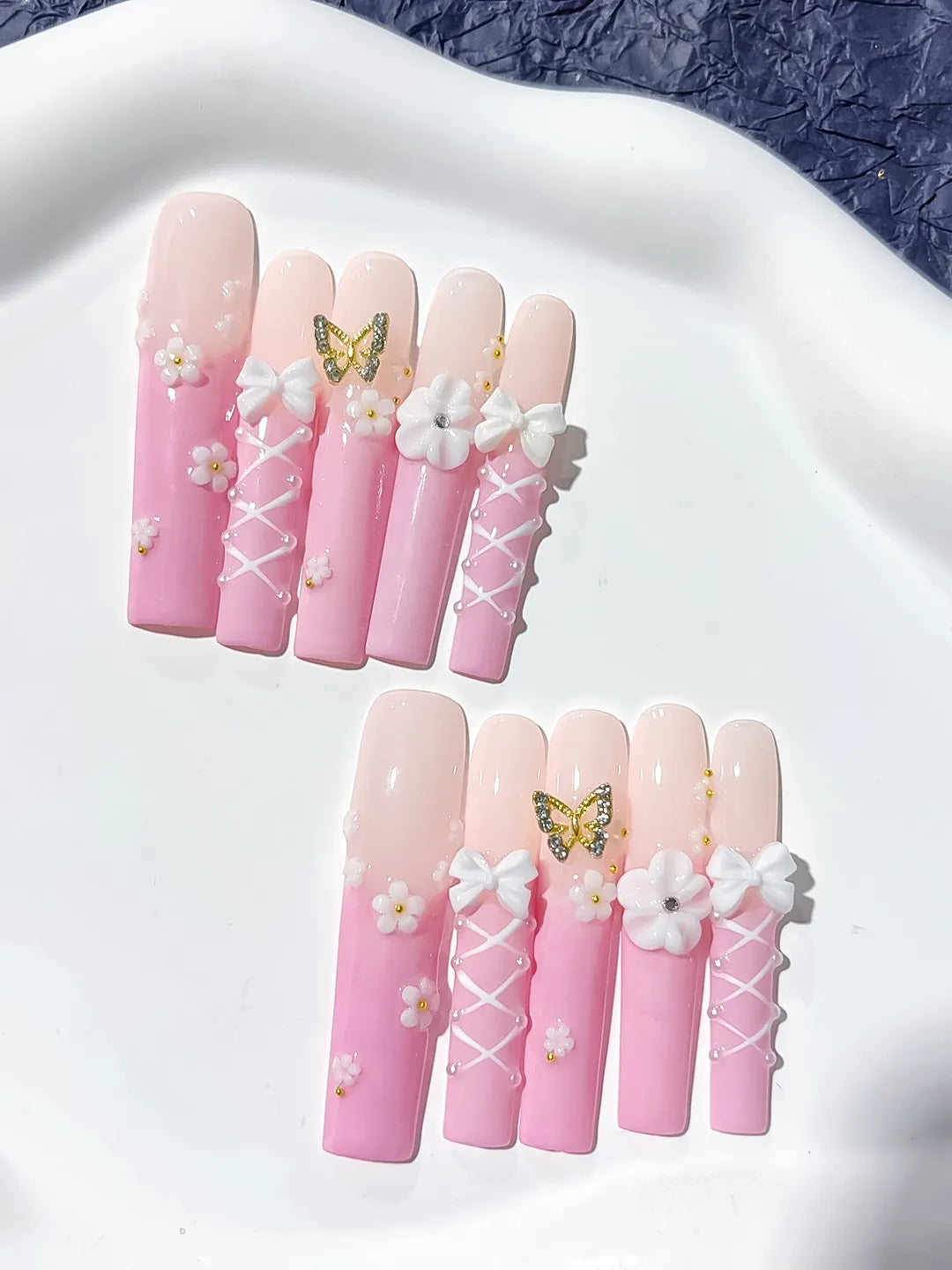 Pink White Gold Ombre Butterfly Bow Flower 3D press on nails detail view