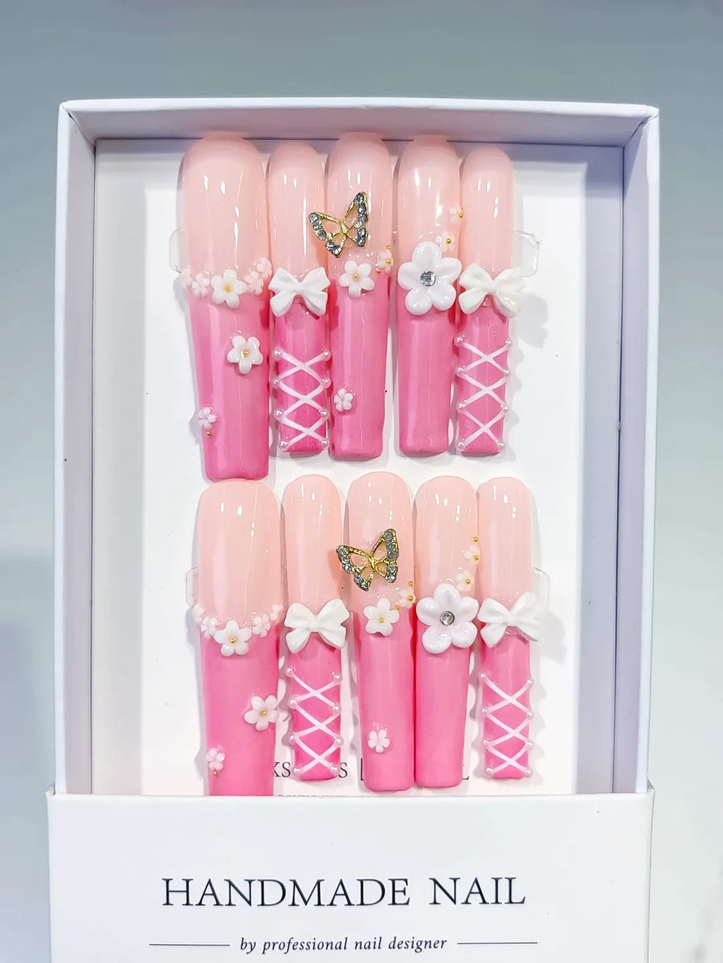 Pink White Gold Ombre Butterfly Bow Flower 3D press on nails full set view